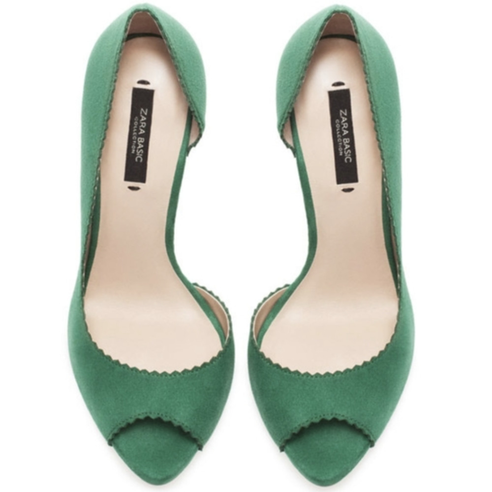 Zara Feminine Scalloped Green Peep Toe Fabric Heel Sandals • Sz 38/US 7.5 🔴